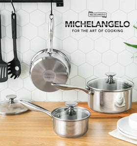 Michelangelo saucepan in use on induction cooktop for even heating.