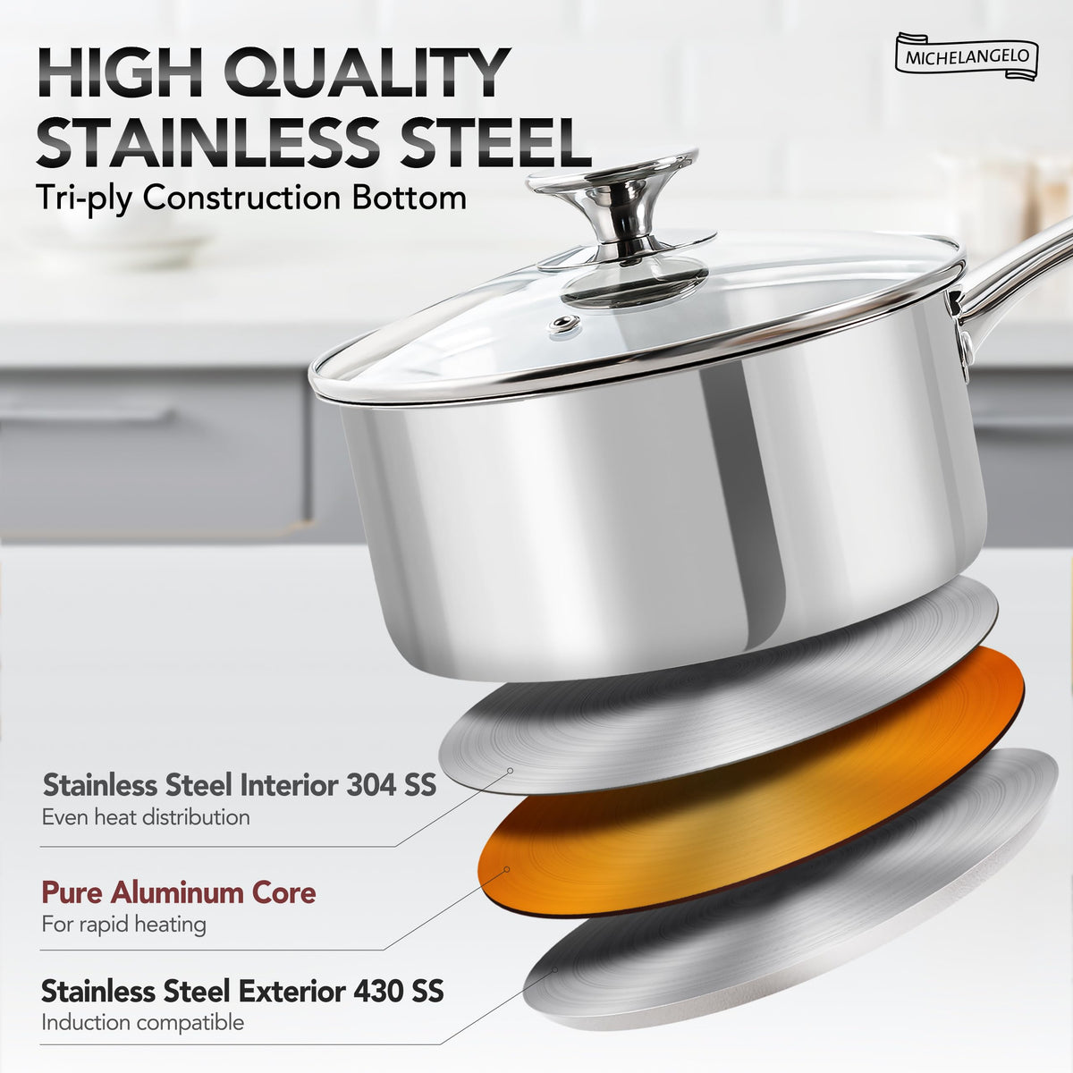 Michelangelo saucepan set with glass lids to lock in flavor.