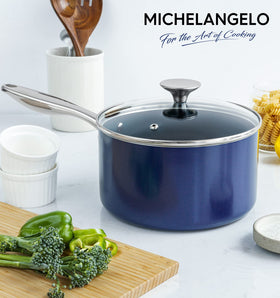 Michelangelo ceramic nonstick 3qt pan ideal for sauces and soups.