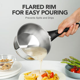 MICHELANGELO oven-safe saucepan up to 320°F for finishing dishes.