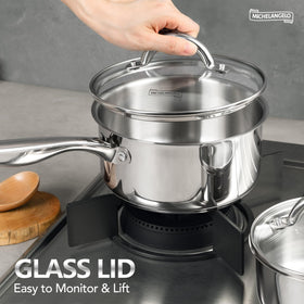 Michelangelo 2qt saucepan with lid, ideal for sauces and small reductions.