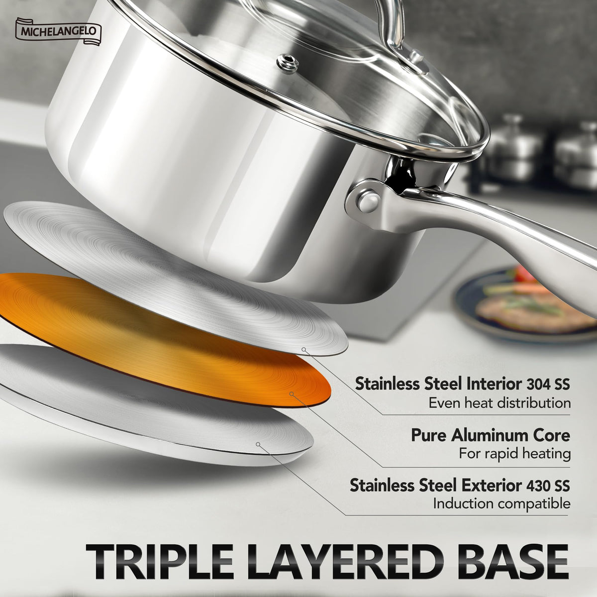 Michelangelo 3qt saucepan with lid, perfect for larger batches.
