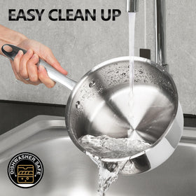 Michelangelo saucepans feature cool-touch, double-riveted handles.