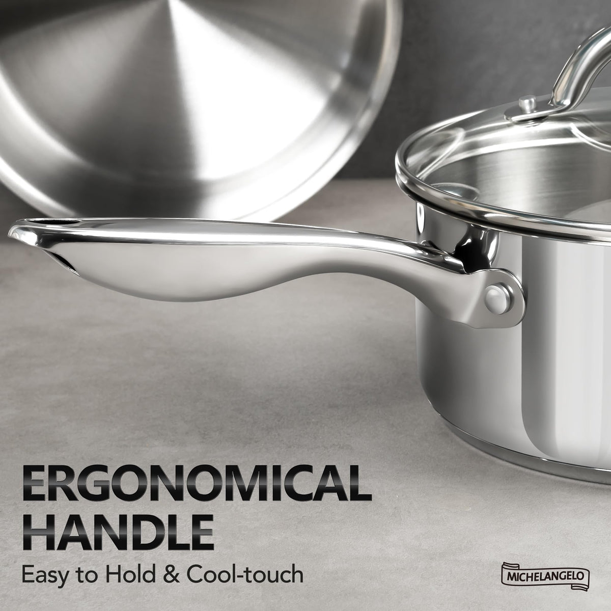 Michelangelo tri-ply bottom enhances heat distribution across stovetops.
