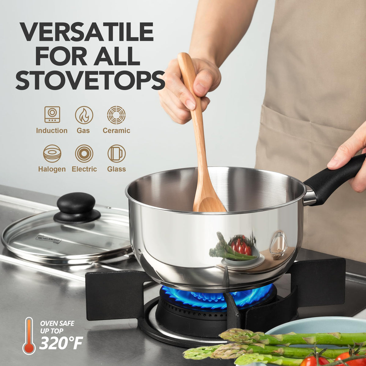 MICHELANGELO triple-layer base saucepan for even heating across tasks.