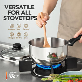 MICHELANGELO triple-layer base saucepan for even heating across tasks.