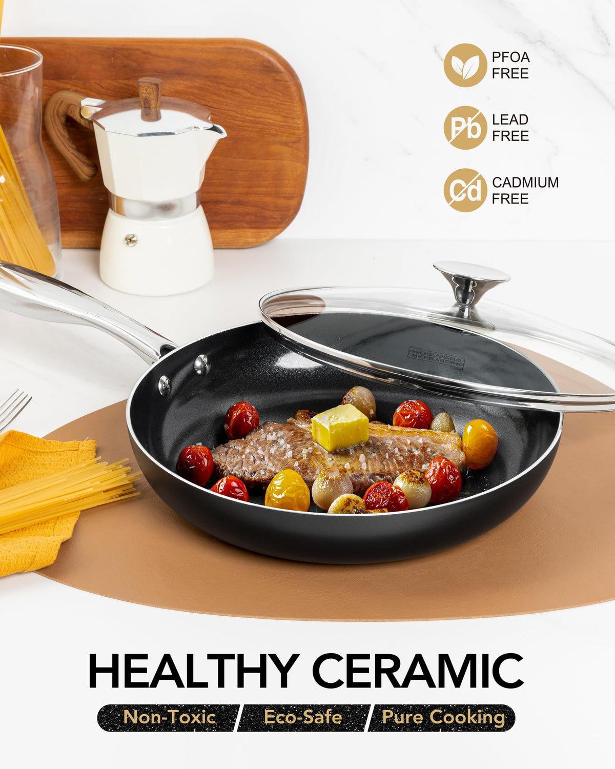Michelangelo stainless steel handle stays cool for safe grip.