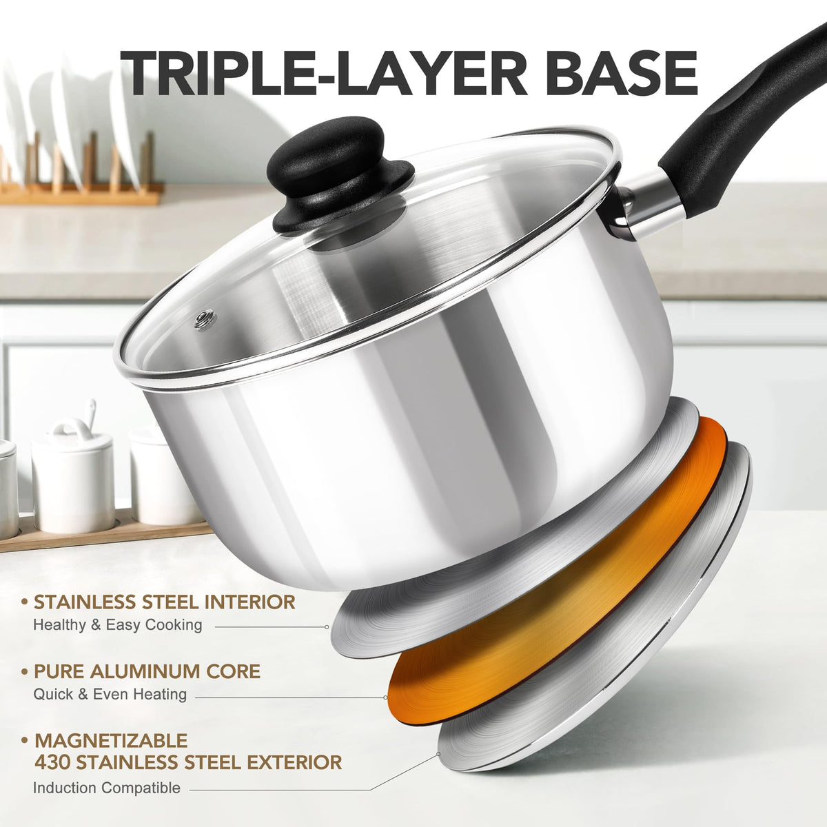 MICHELANGELO 2qt stainless steel saucepan with lid for efficient simmering.