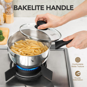 MICHELANGELO 3qt stainless steel saucepan with lid for hearty meals.