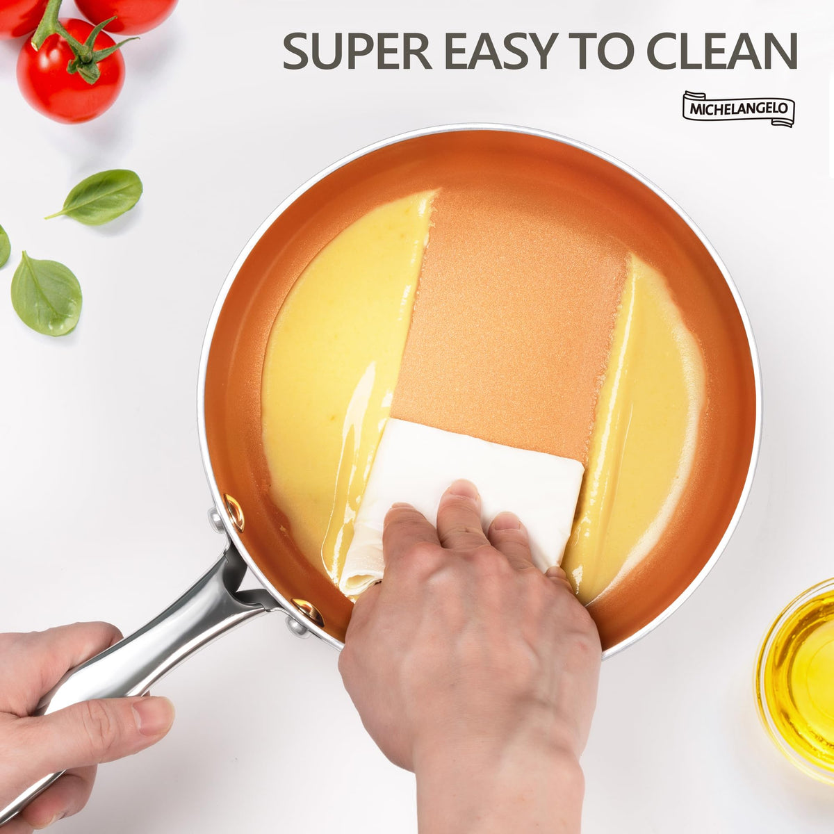 MICHELANGELO triple layer base provides even heat across surfaces.