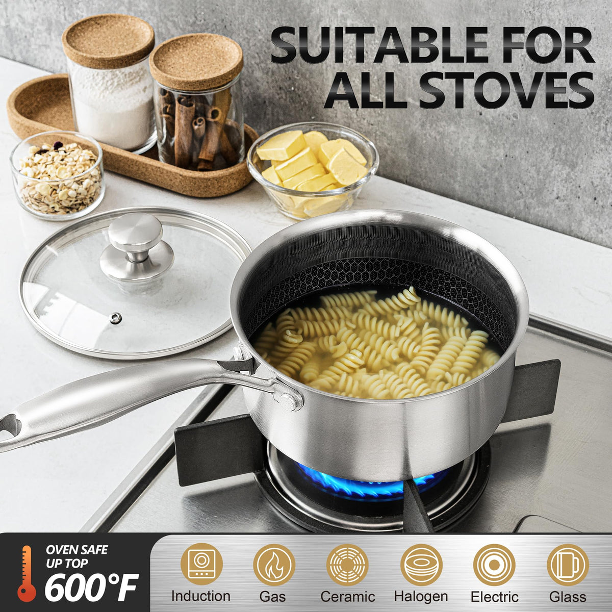 MICHELANGELO Triply 3qt saucepan with lid suited for family meals.