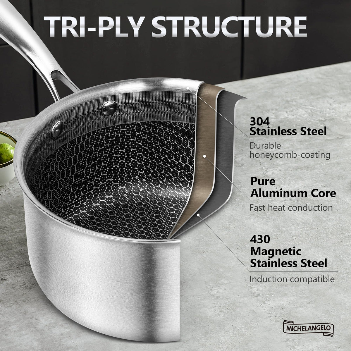 MICHELANGELO Triply honeycomb interior pan promotes smooth nonstick results.