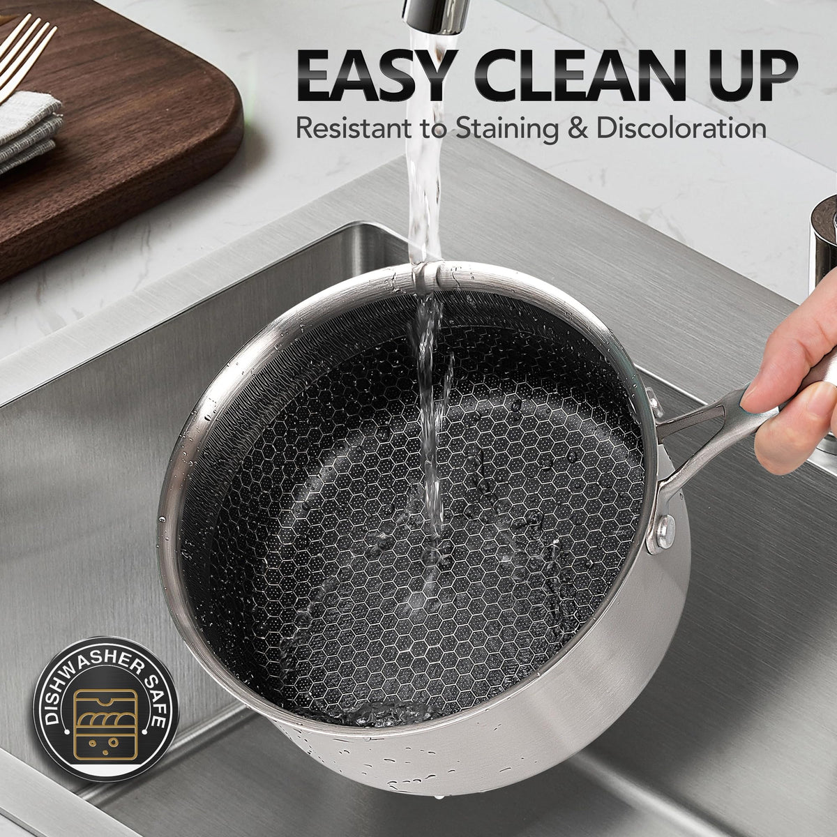 MICHELANGELO Triply metal utensil safe pan resists scratches.