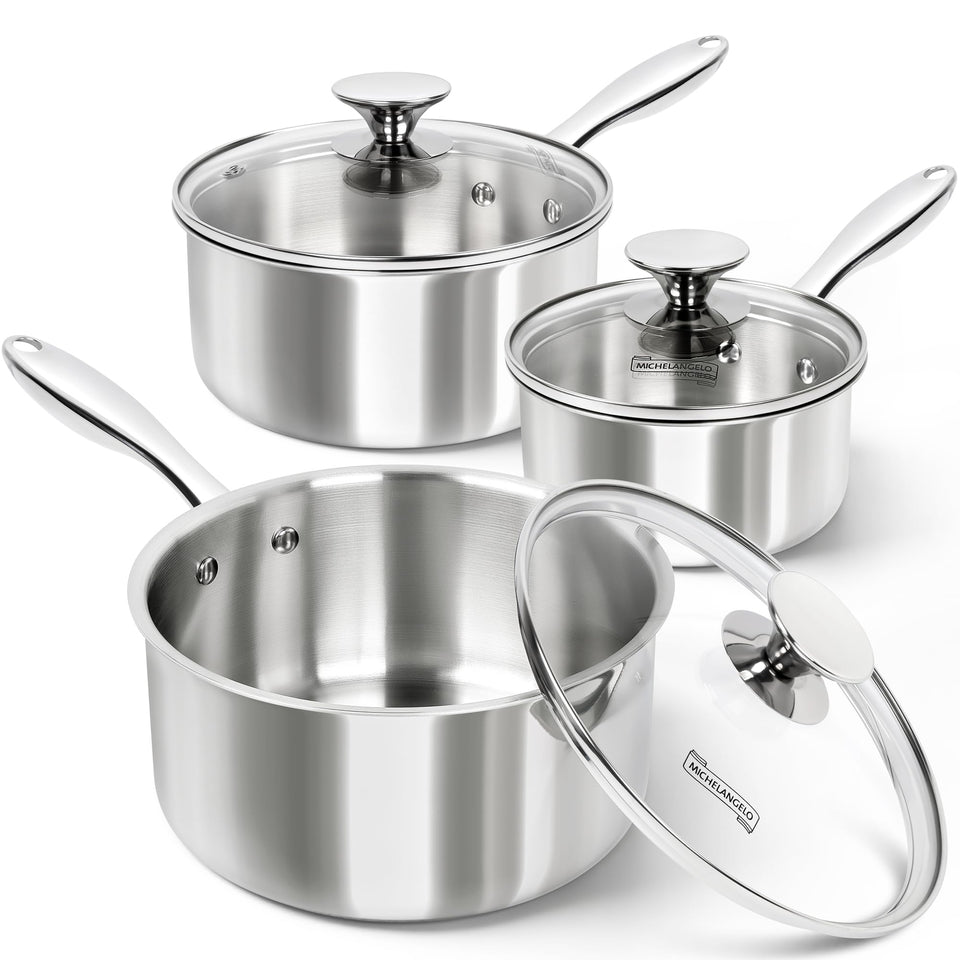 MICHELANGELO Triply 1qt saucepan top view highlights seamless tri-ply heat distribution