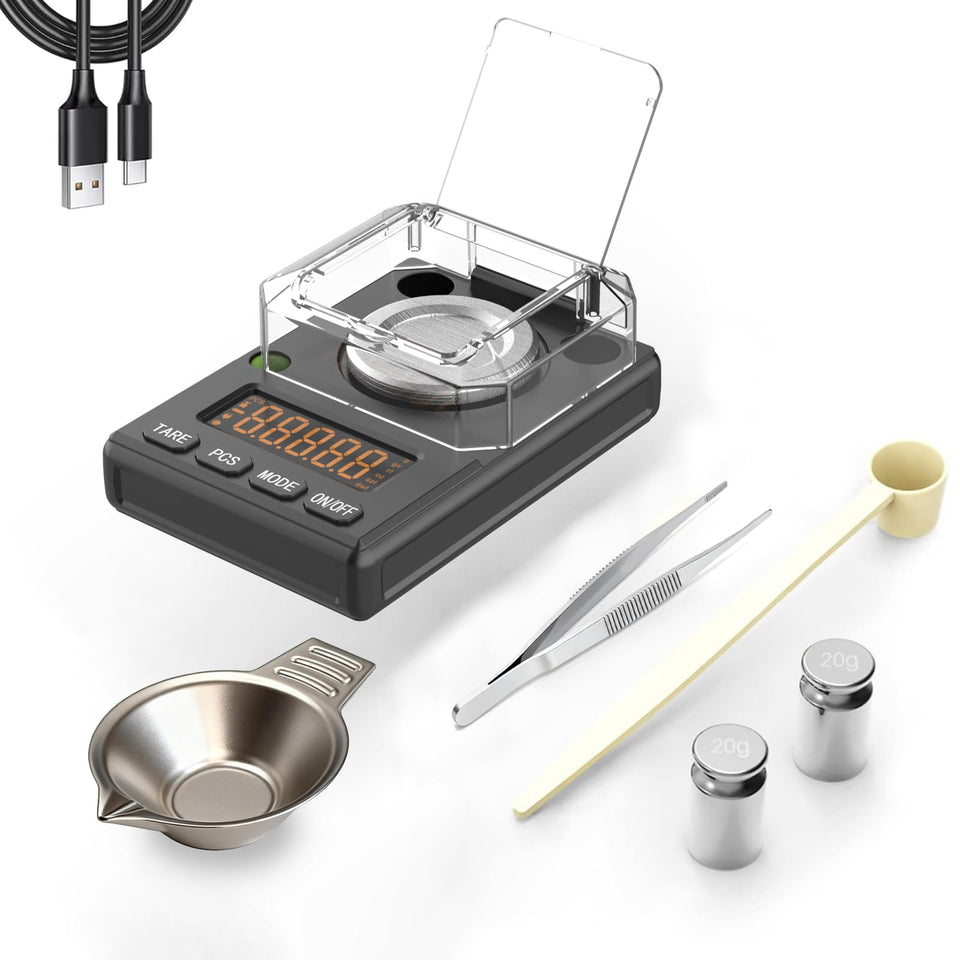 MicolMeas milligram scale 100 g with 0.001 g resolution for precise jewelry weighing.