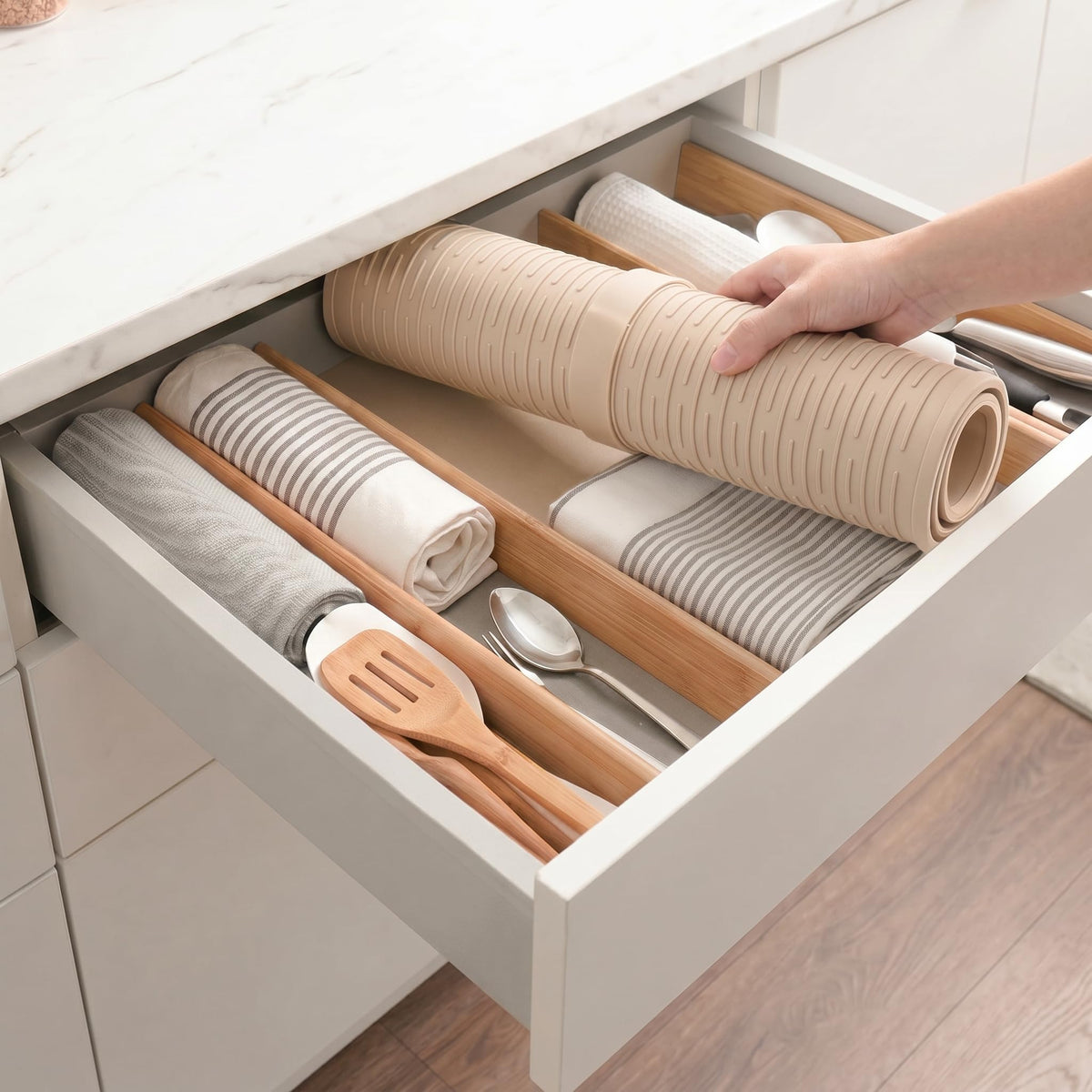 MicoYang mat suits dish-drying alongside utensils on kitchen counter.