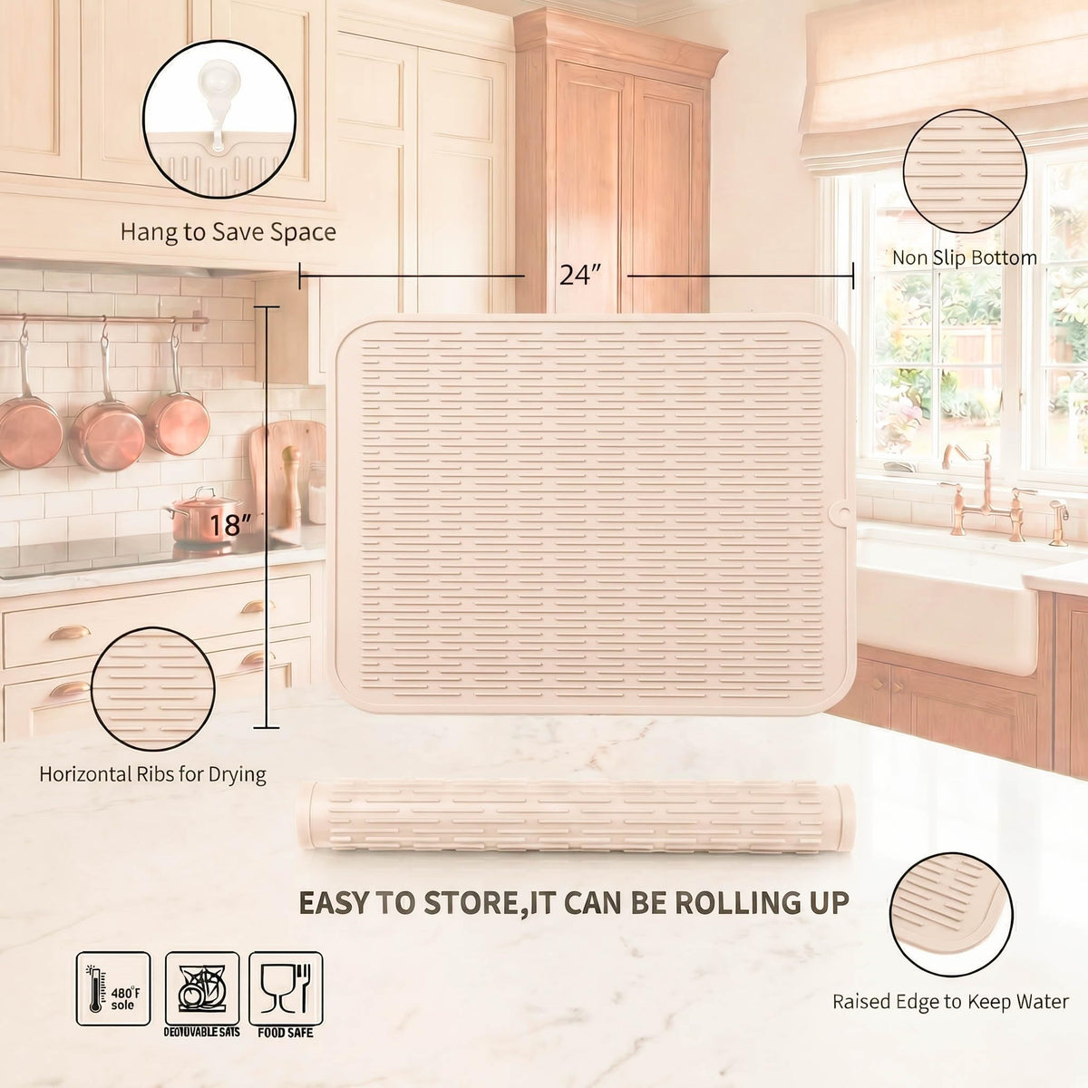MicoYang silicone dish drying mat as fridge or drawer liner keeps shelves organized.