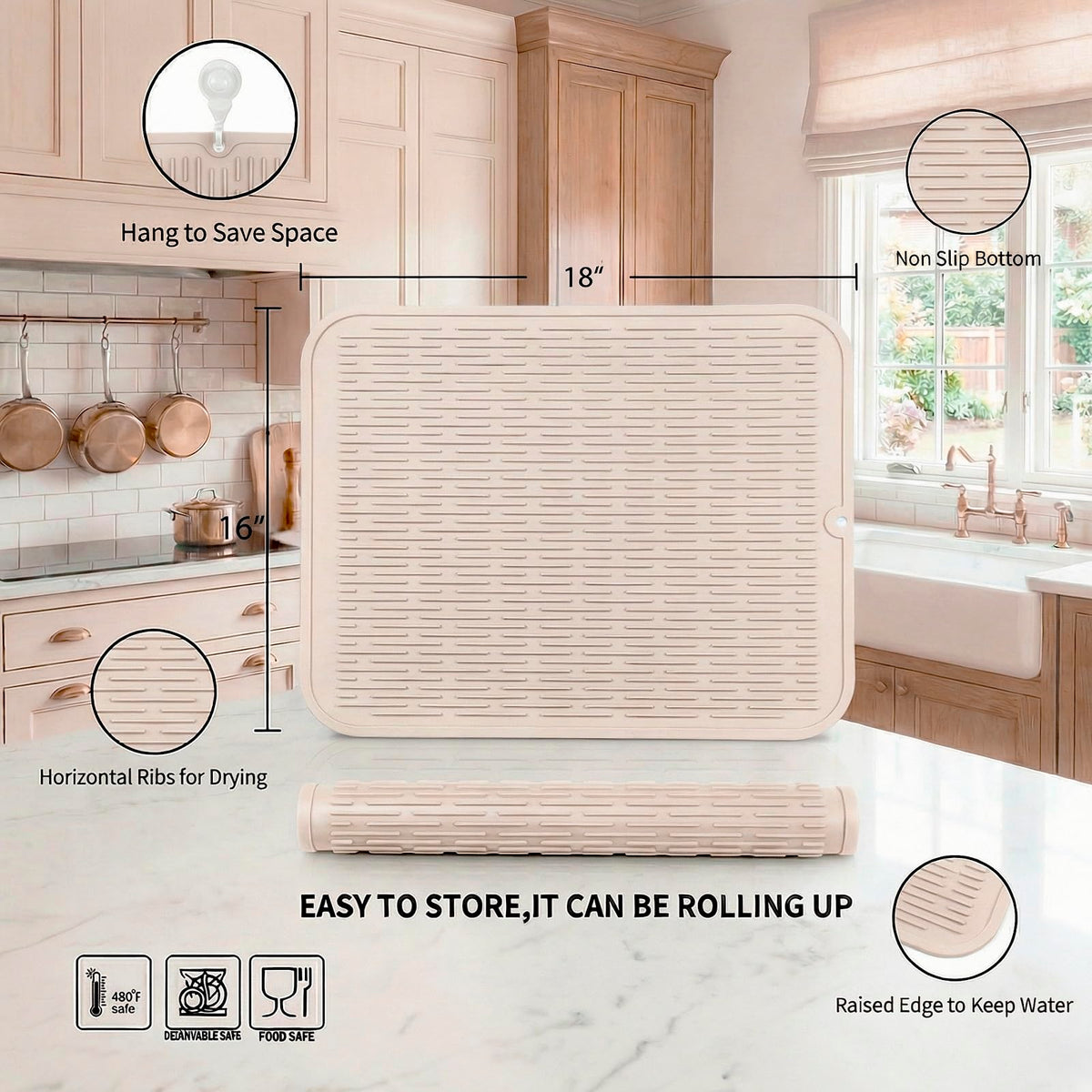 MicoYang mat in sink providing non-slip surface for dish drying