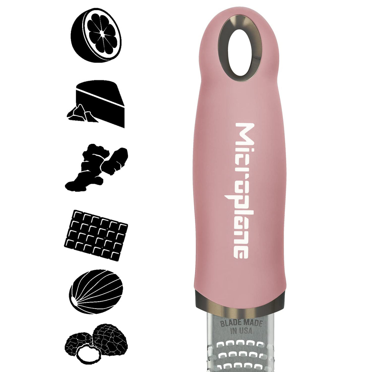 Microplane dusty rose zester blade closeup showing ultra sharp stainless steel blades.