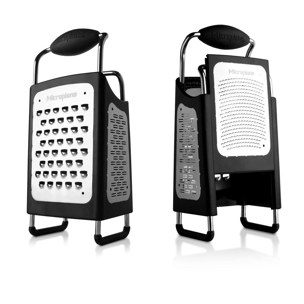 Microplane box grater ergonomic handle close-up for comfortable, stable grating