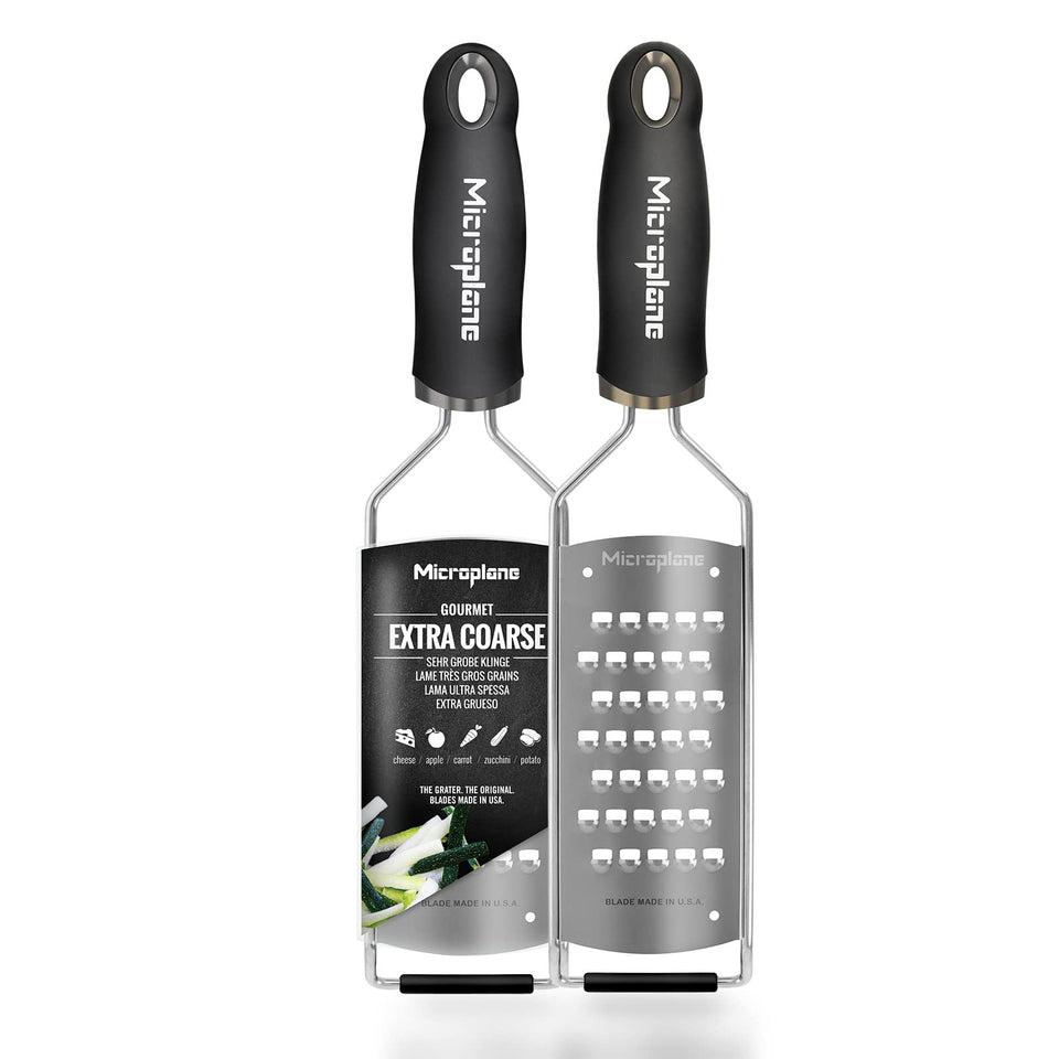 Microplane Gourmet Series cheese grater with soft-touch handle for effortless extra-coarse shredding