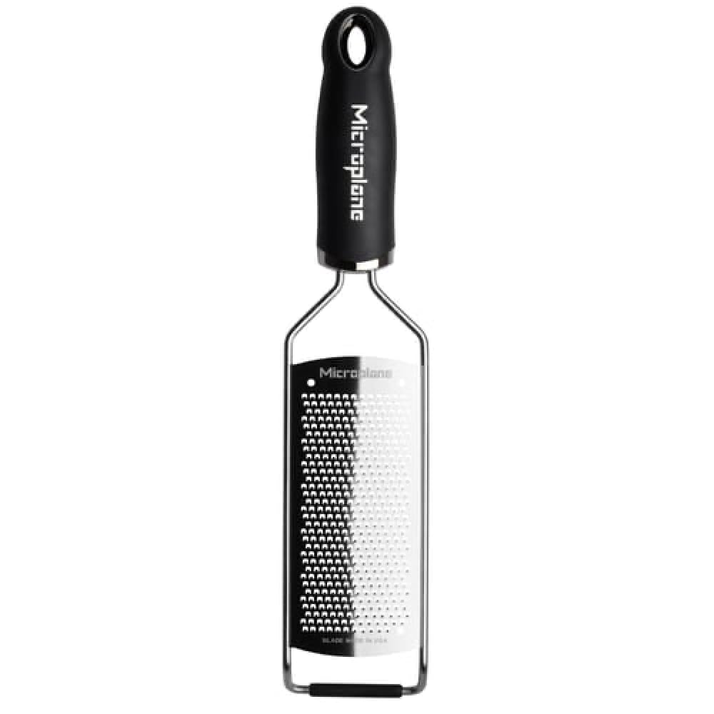 Microplane Gourmet Series grater fine black handle detail, ideal for precise zesting.