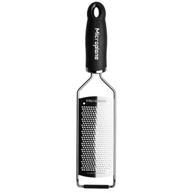 Microplane Gourmet Series grater fine black handle detail, ideal for precise zesting.