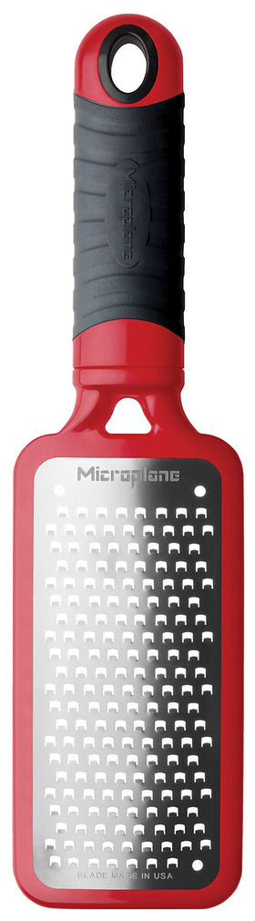 Microplane Home Series cheese grater with red handle, front view for quick prep