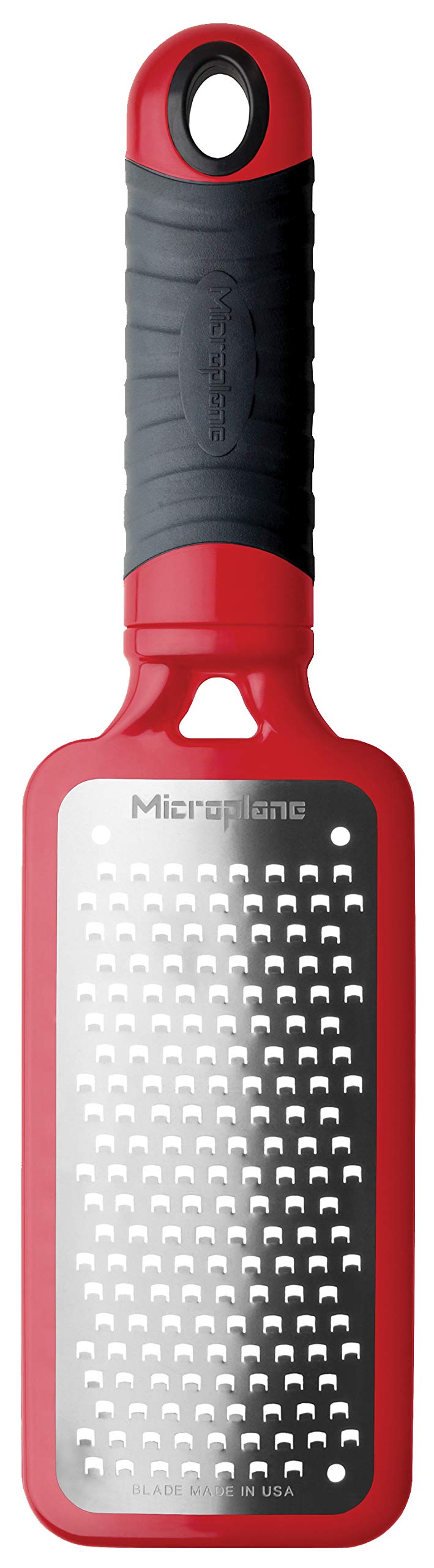 Microplane Home Series cheese grater with red handle, front view for quick prep