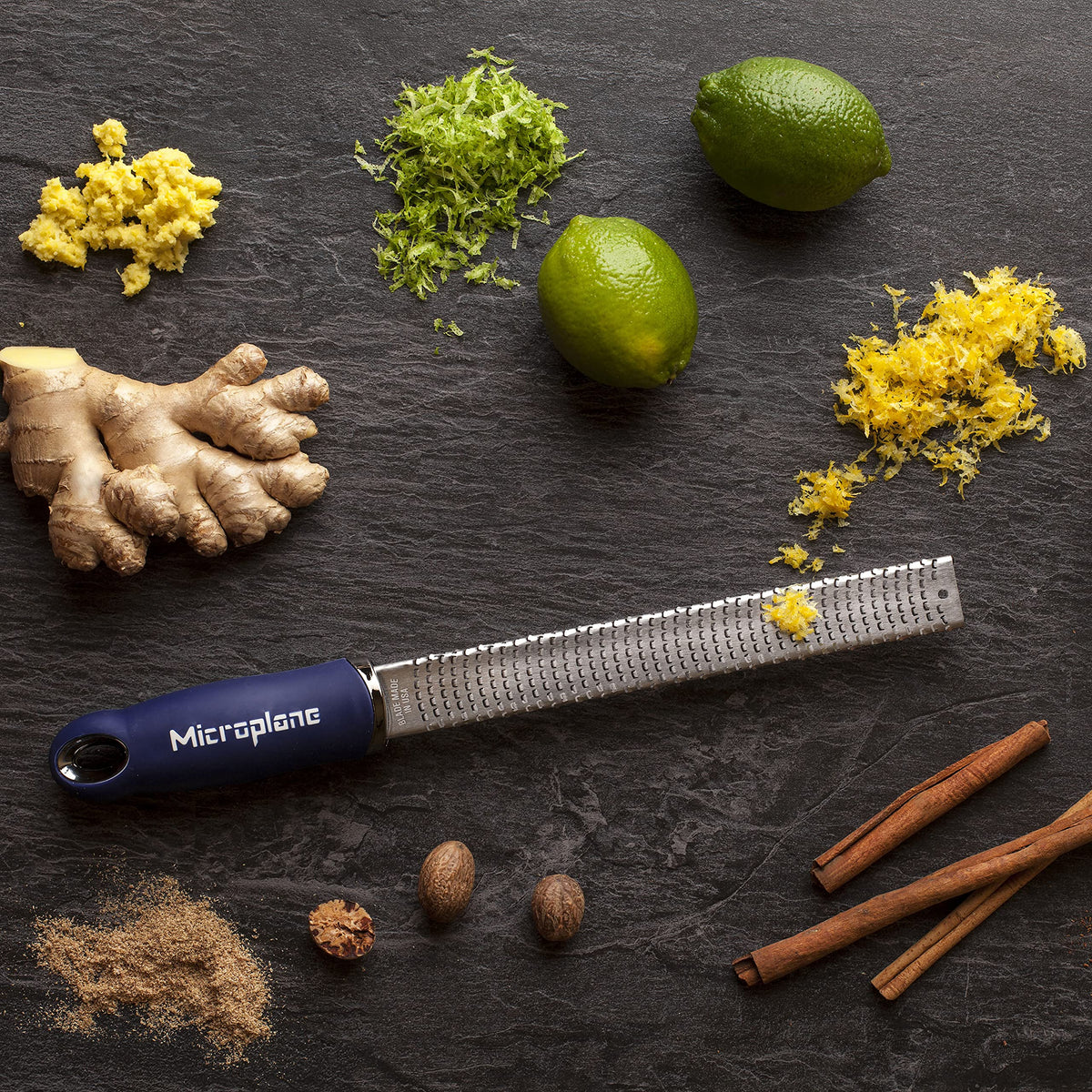 Microplane Premium Zester grates whole cinnamon or nutmeg into fresh spices.