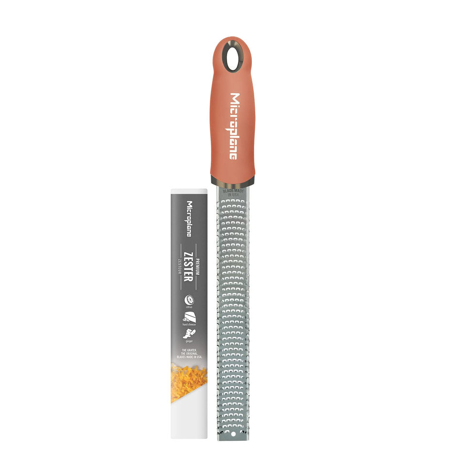 Microplane Premium Classic Citrus Zester Cinnamon close-up with ultra-sharp zest blade for bright citrus