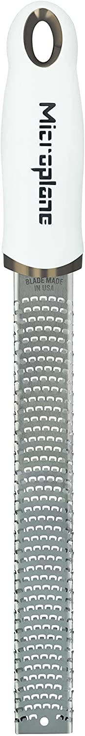 Microplane Premium Classic parmesan grater white housing enables fine cheese grating