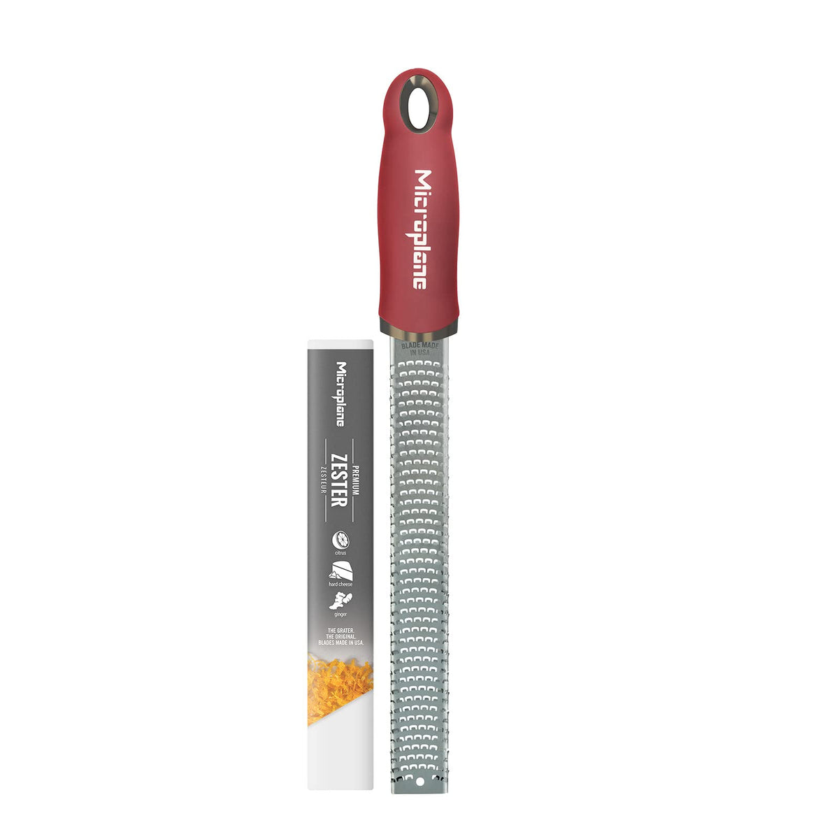 Microplane Premium Classic Zester Pomegranate Red, top view for effortless citrus zesting.