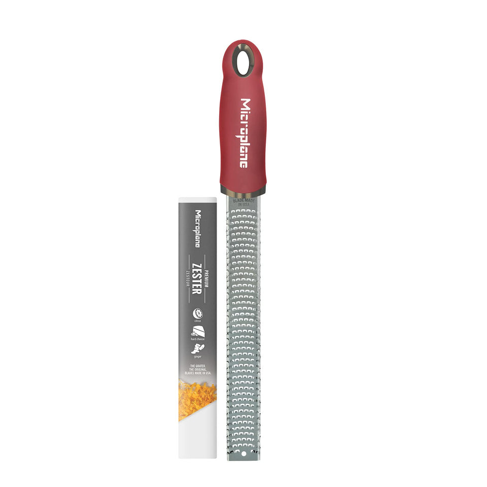 Microplane Premium Classic Zester Pomegranate Red, top view for effortless citrus zesting.