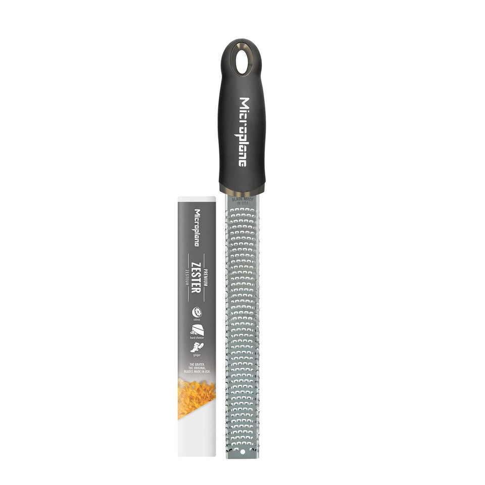 Microplane Premium Classic Zester in black, front view for easy zesting and grating.
