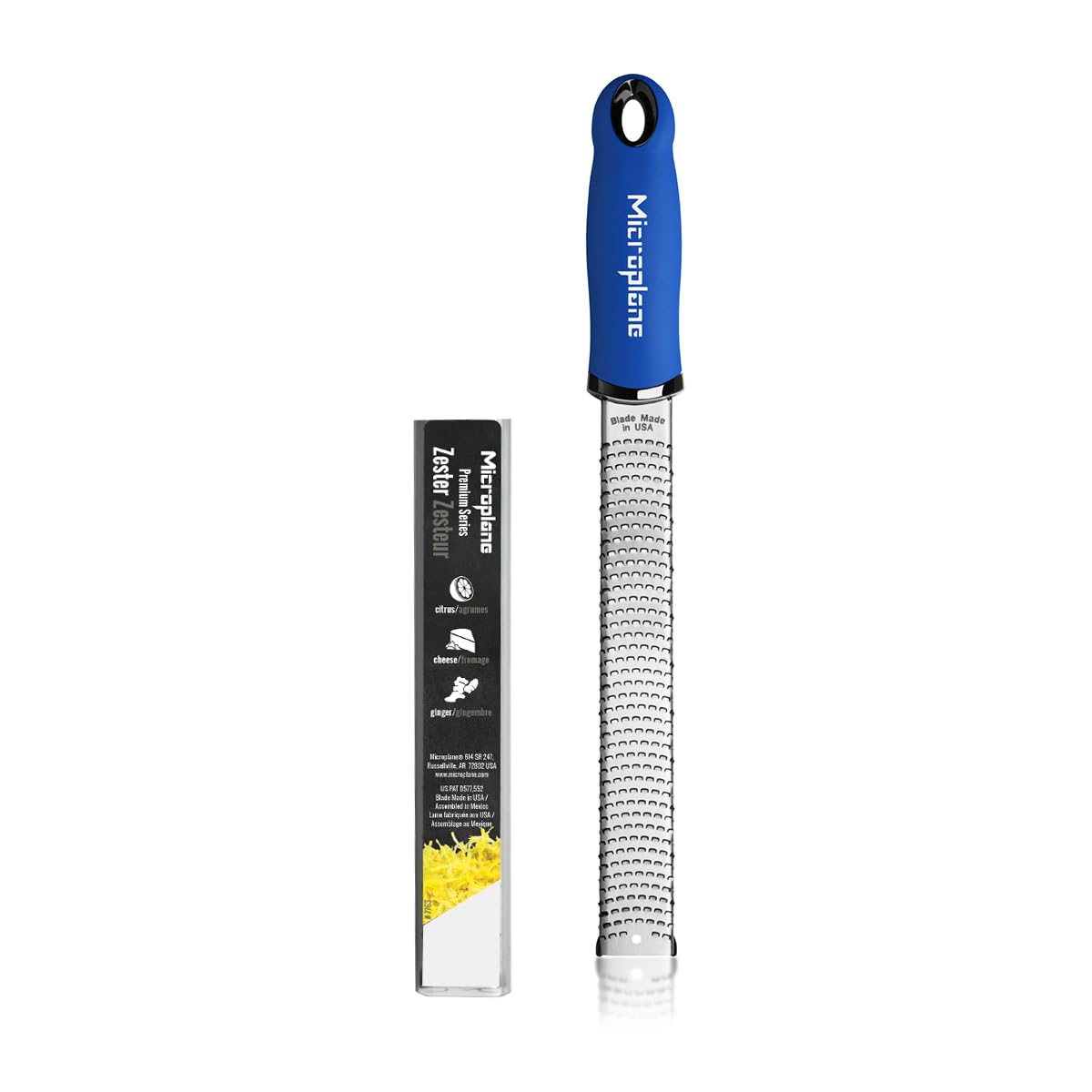 Microplane Premium Classic Zester blue blade close-up for ultra-sharp citrus zest.