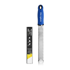 Microplane Premium Classic Zester blue blade close-up for ultra-sharp citrus zest.