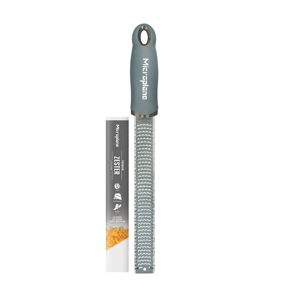 Microplane Premium Classic Zester in eucalyptus green, angled view for citrus zesting