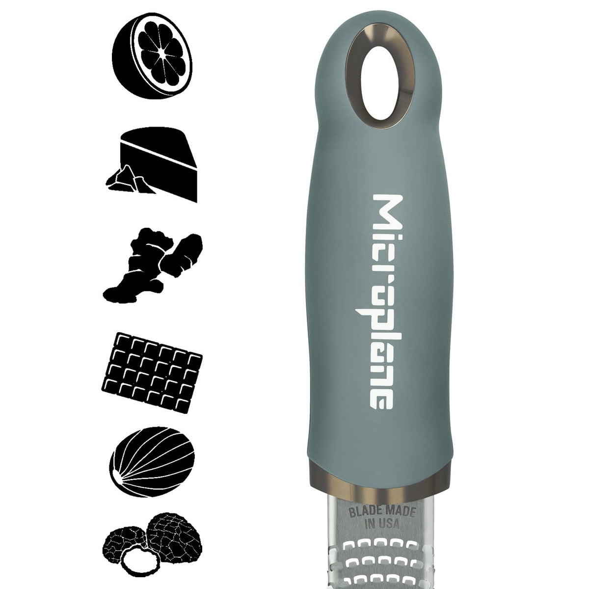 Microplane Premium Classic Zester eucalyptus green blade closeup showing sharp blades
