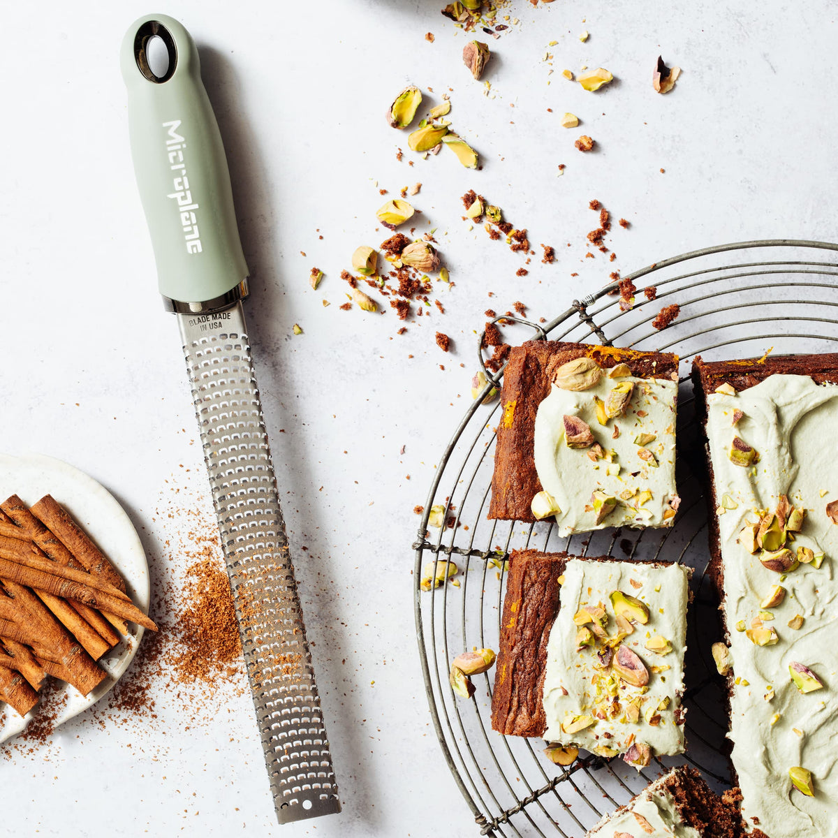 Microplane Premium Classic Zester Sage Green nutmeg shaved for spice blends