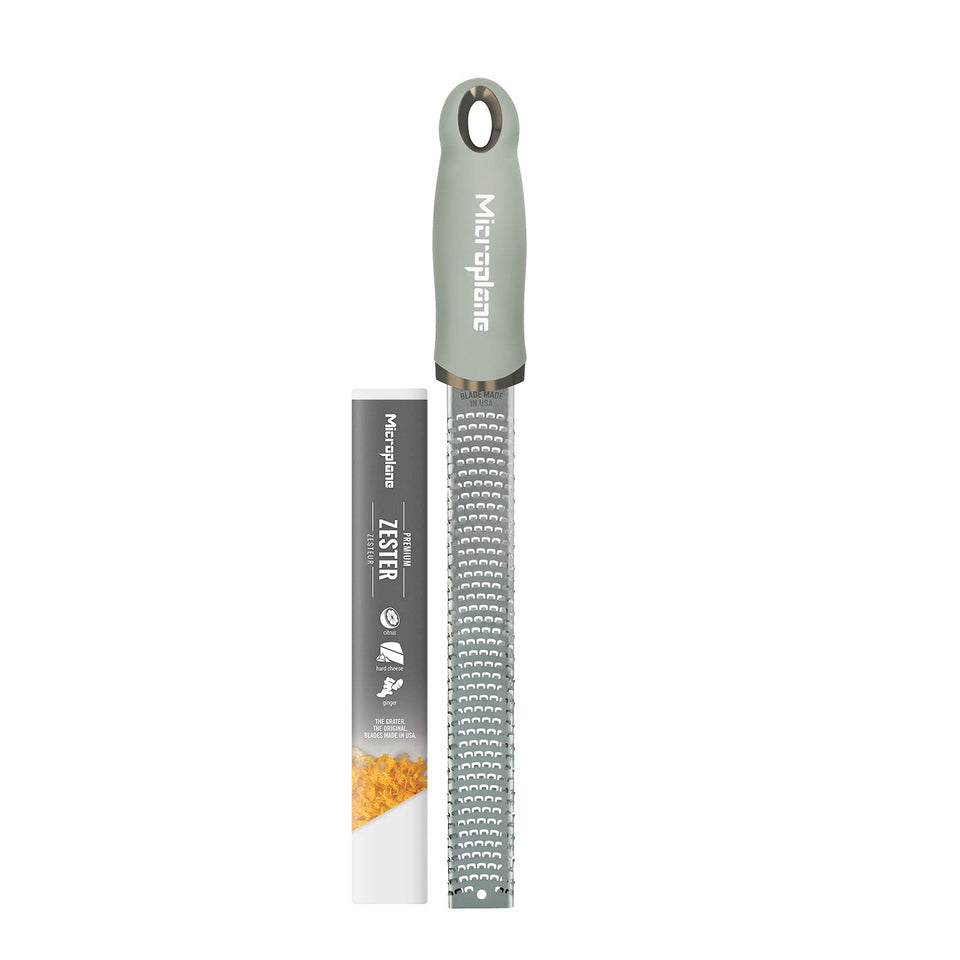 Microplane Premium Classic Zester Sage Green top view showing its fine blade for zesting