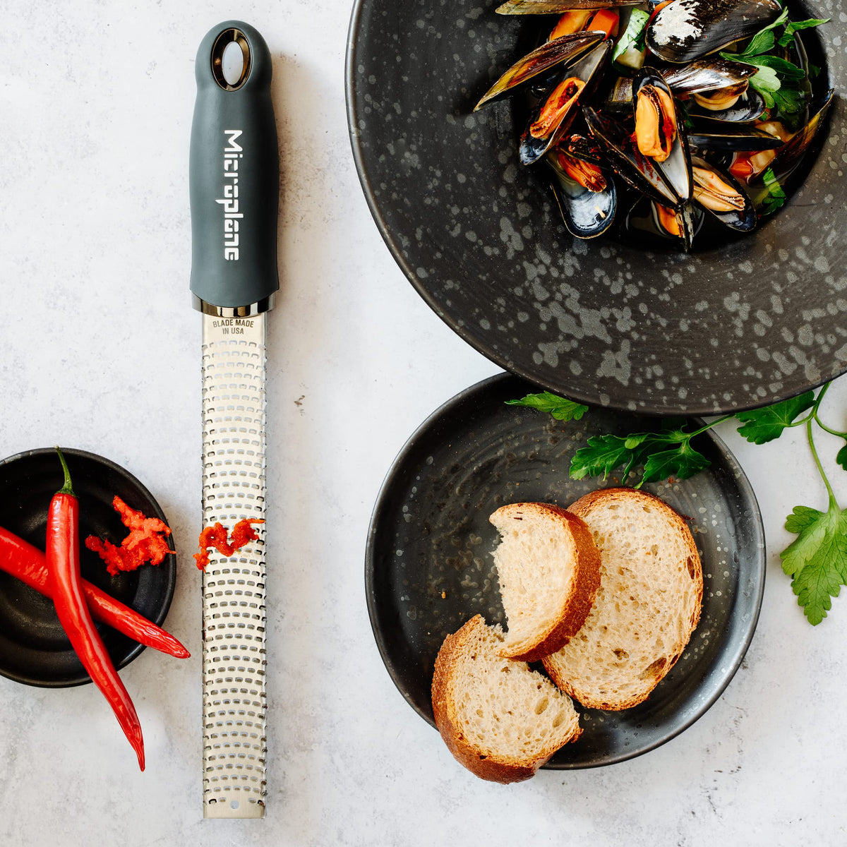 Microplane Premium Zester Grater ultra-sharp USA blades in action.