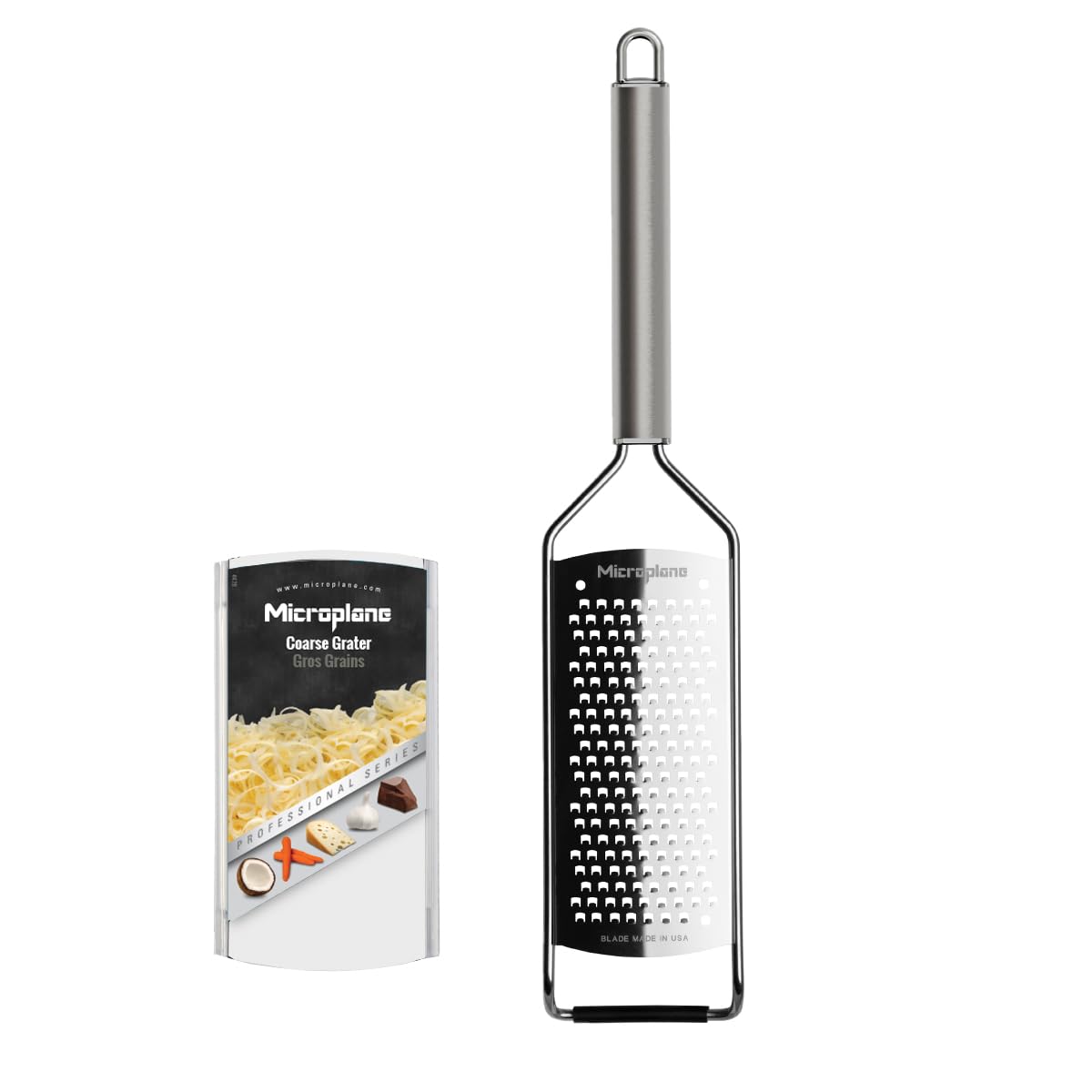 Microplane Professional Series coarse grater blade for precise cheese and vegetable shredding.