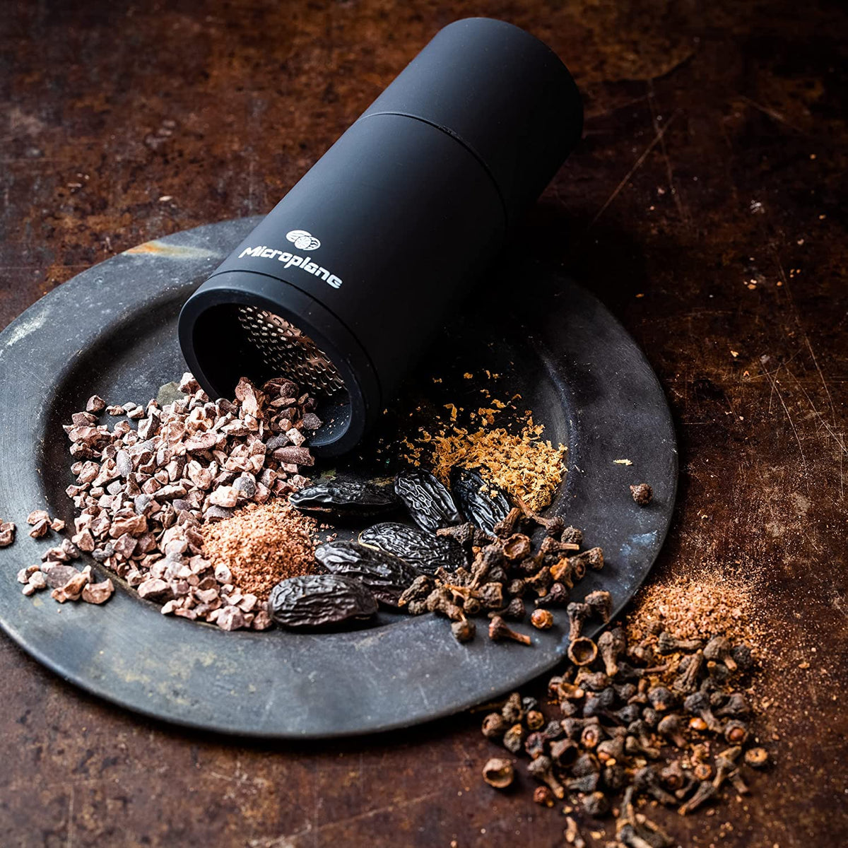 Microplane spice mill luxury finish shot emphasizes soft-touch coating.