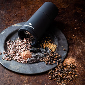 Microplane spice mill luxury finish shot emphasizes soft-touch coating.