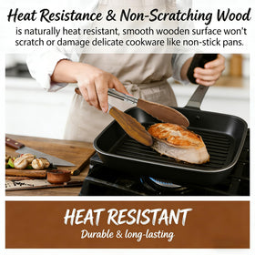 Micyples wooden tongs protect non-stick surfaces during serving tasks.