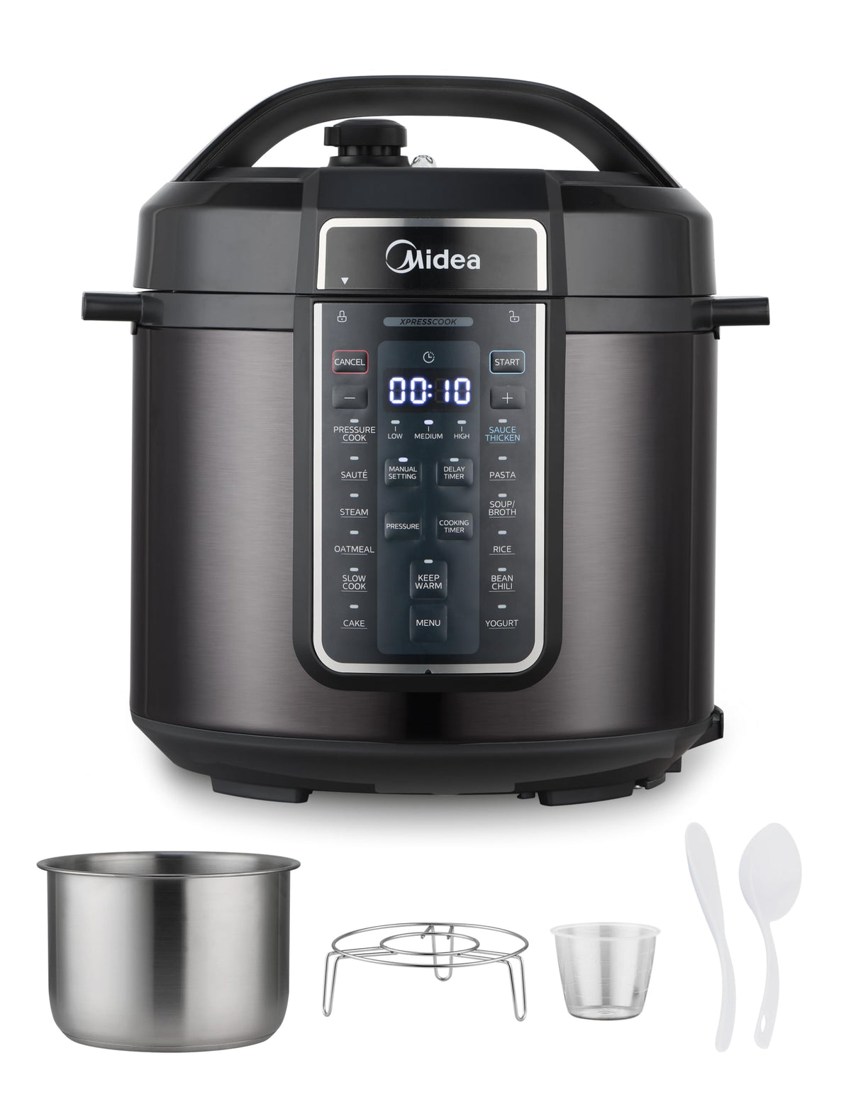 Midea 12-in-1 electric pressure cooker front view for compact all-in-one meals