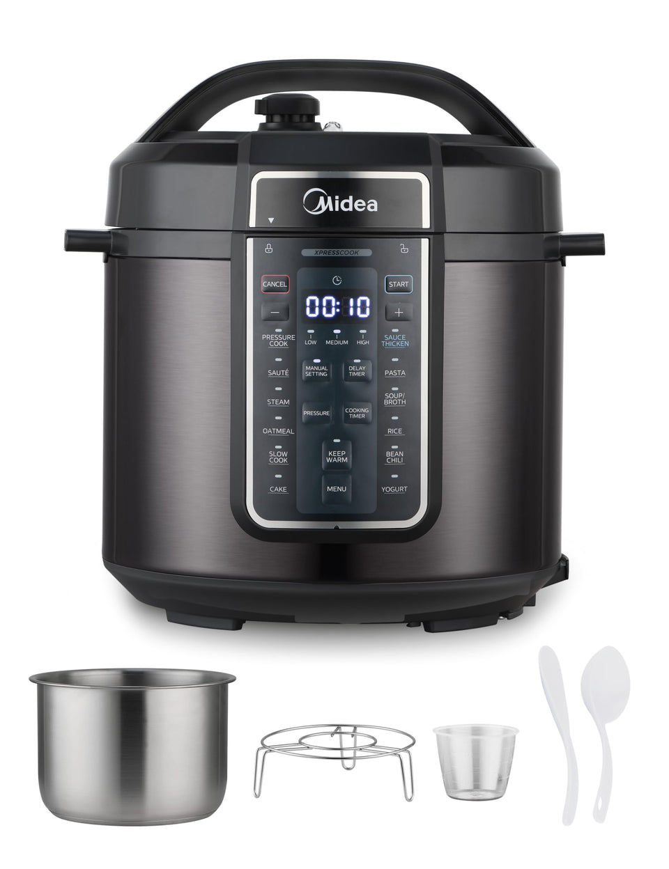Midea 12-in-1 electric pressure cooker front view for compact all-in-one meals