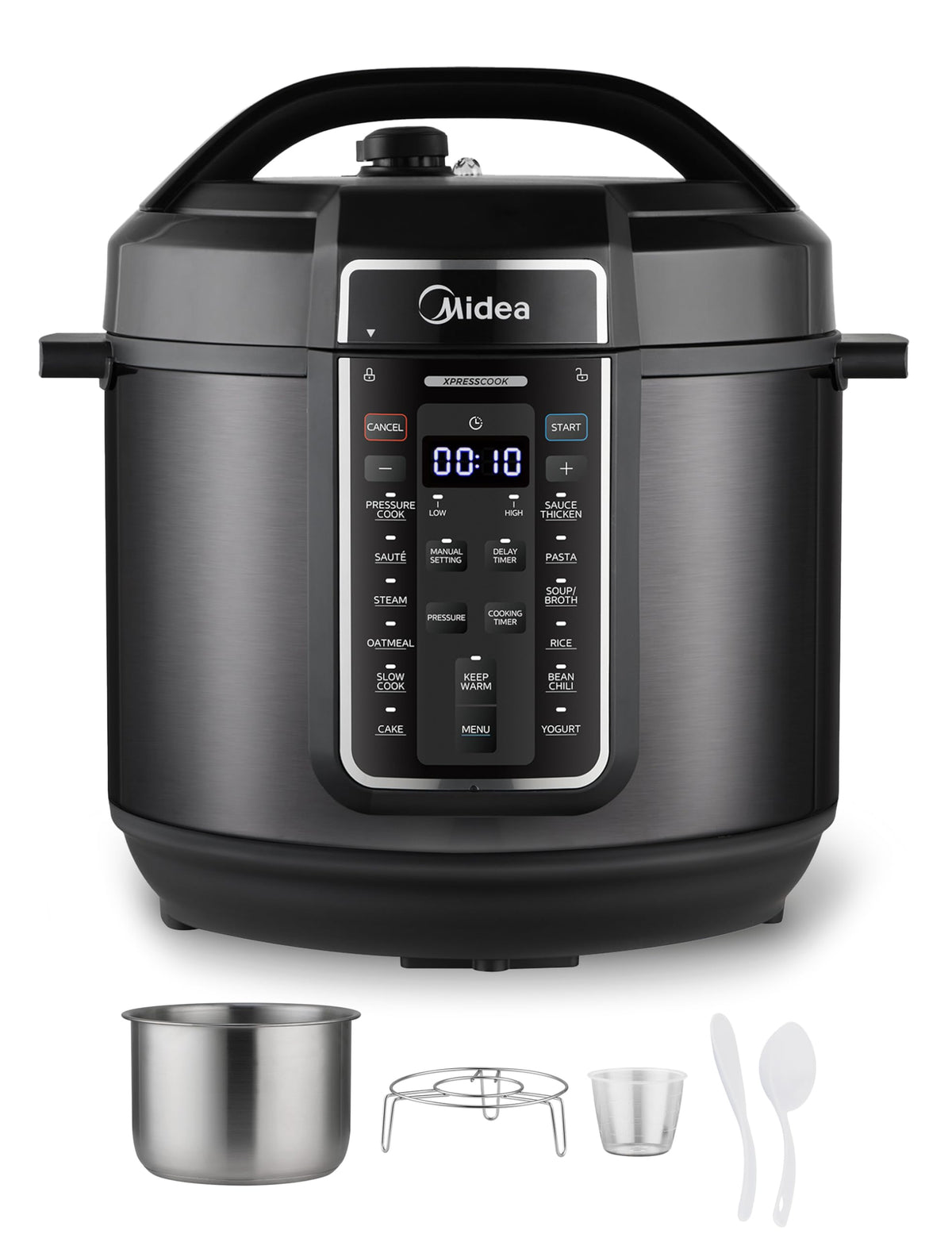 Midea 12-in-1 pressure cooker, front view, ideal for quick family dinners.