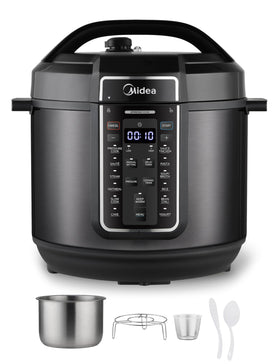Midea 12-in-1 pressure cooker, front view, ideal for quick family dinners.